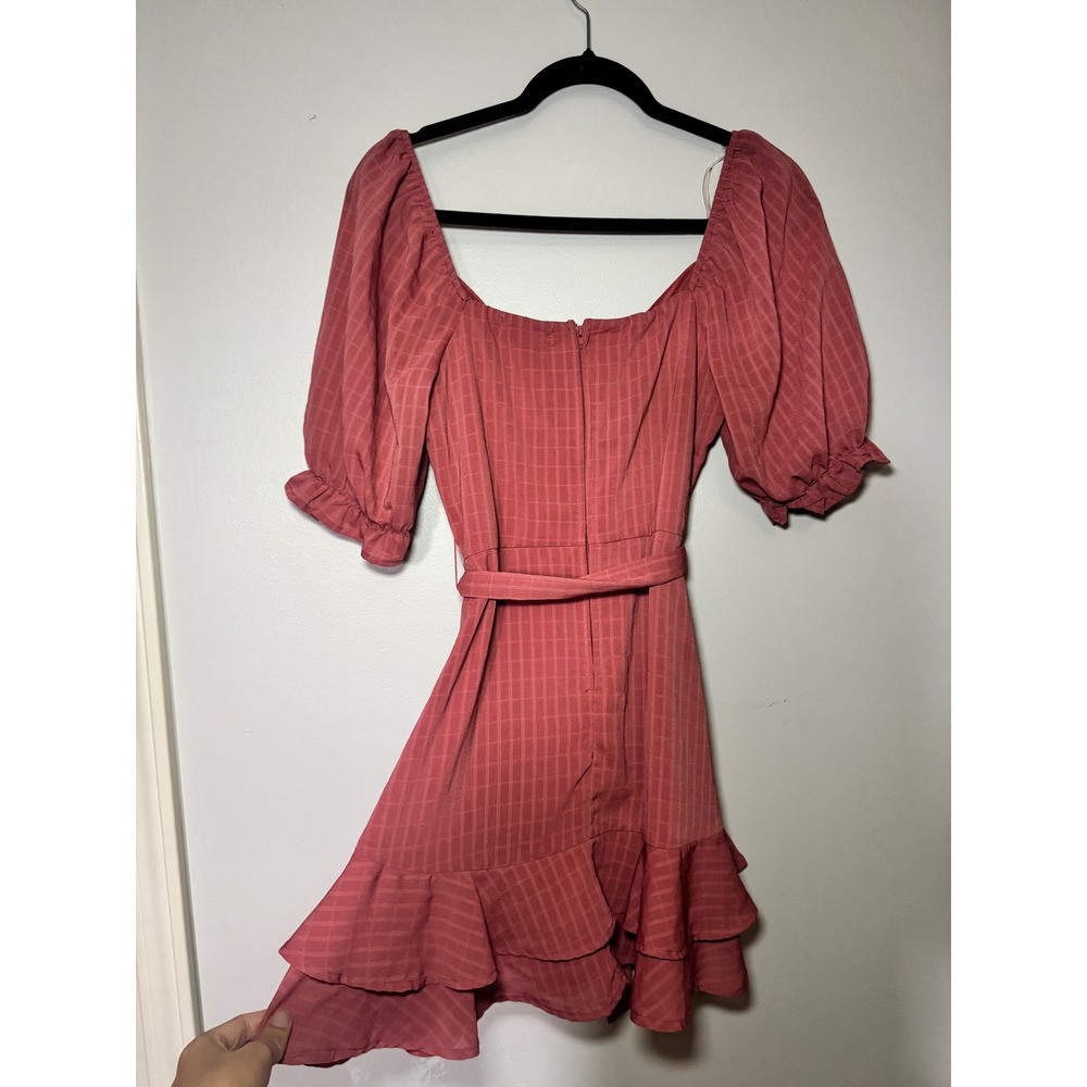 Altar'd State Pink Grid Ruffle Mini Dress Puff Sleeve Surplice Wrap 26BX54FCLI M - Picture 6 of 6